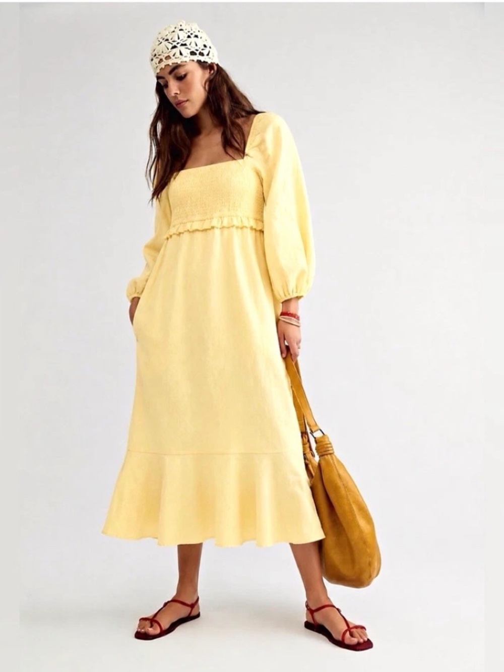 7 For All Mankind Yellow Cotton Linen Midi Dress Sz Small Smocked Peasant Boho